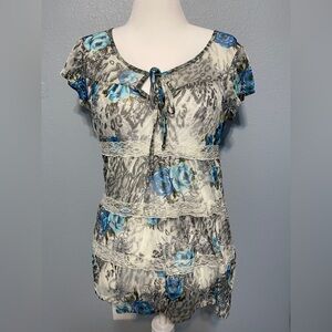 Self Esteem Y2K Floral Lace Blue Blouse Boho Fairy Coquette Babydoll Top Large